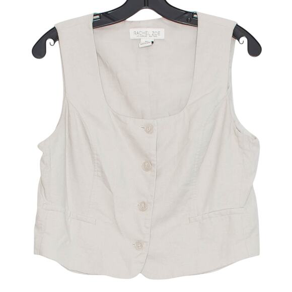 Rachel Zoe Vest Linen Minimalist Cottage Neutral Preppy Waistcoat Button Up 6 - Picture 1 of 5